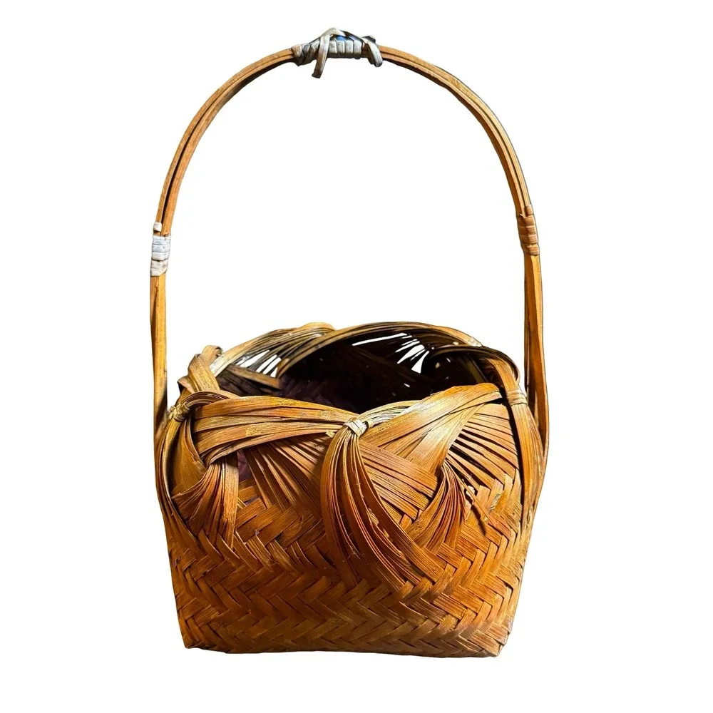 Vintage Handwoven Bamboo Basket Asian Japanese Decorative Handle Herringbone